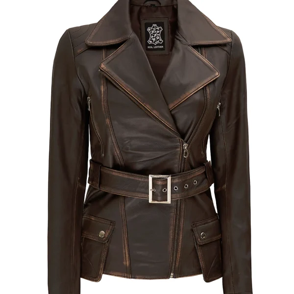 Womens Distressed Brown Long Biker Style Leather Jacket