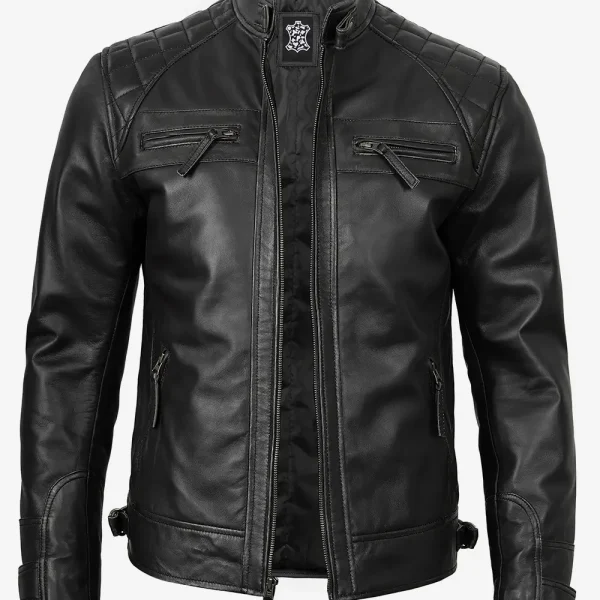 Men's Black Cafe Racer Leather Jacket - Quilted Shoulder