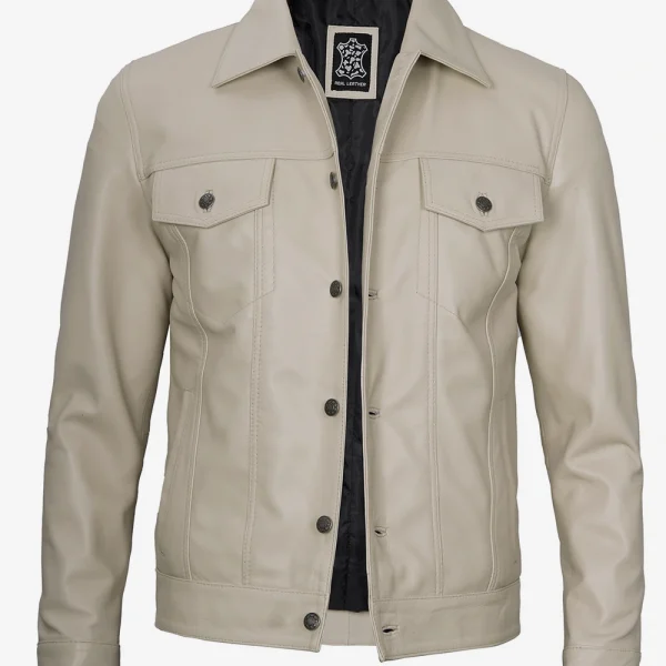 Men's Real Lambskin Leather Beige Trucker Jacket