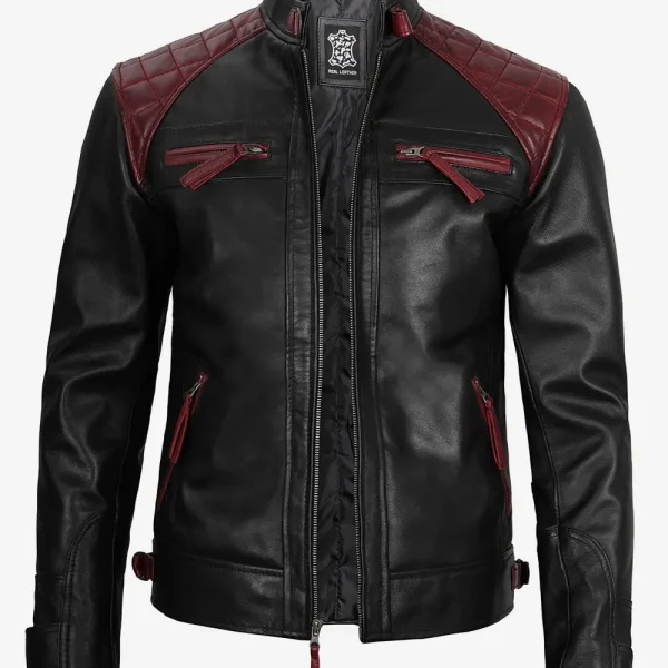Men's Black and Maroon Cafe Racer Leather Jacket - Quilted Shoulder