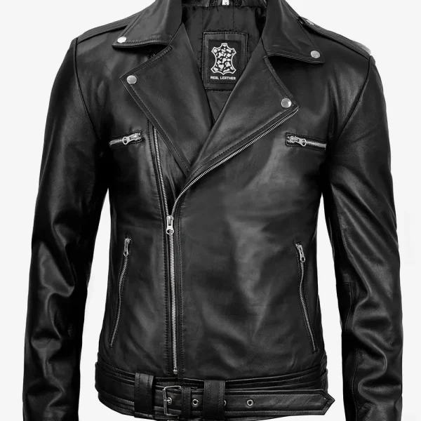 Negan Men's Black Asymmetrical Belted Moto Leather Jacket