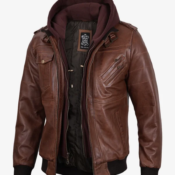 Mens Cognac Leather Bomber Jacket With Removable Hood