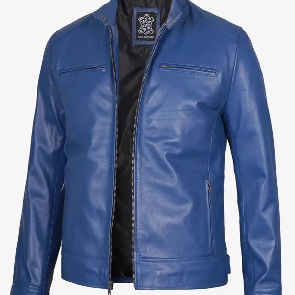 Mens Classic Blue Cafe Racer Leather Jacket