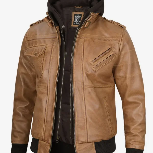 Men's Camel Brown Bomber Leather Jacket (Removable Hood)