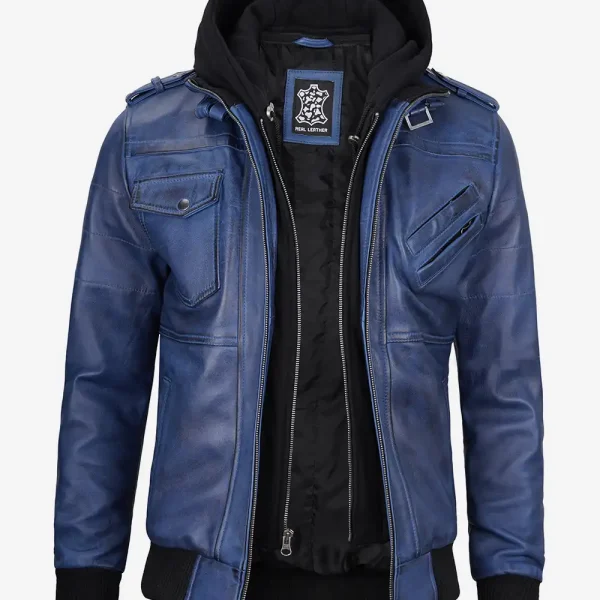 Men's Blue Wax Leather Bomber Jacket With Removable Hood