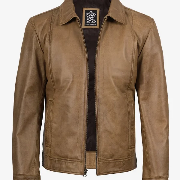 Mens Yellow Waxed Shirt Collar Harrington Leather Jacket