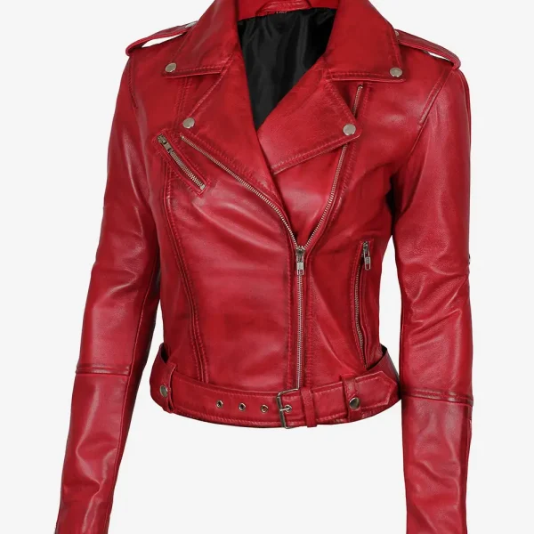 Women's Red Asymmetrical Belted Moto Leather Jacket