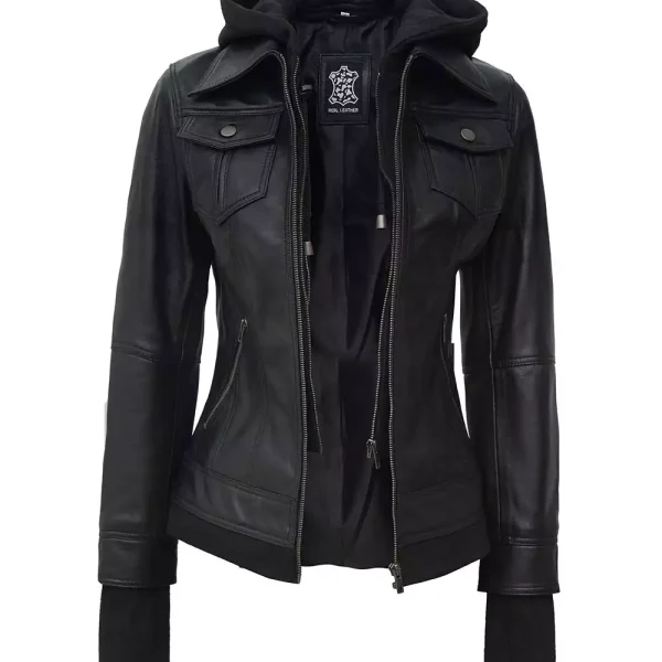 The Céleste: Womens Black Bomber Leather Jacket with Removable Hood
