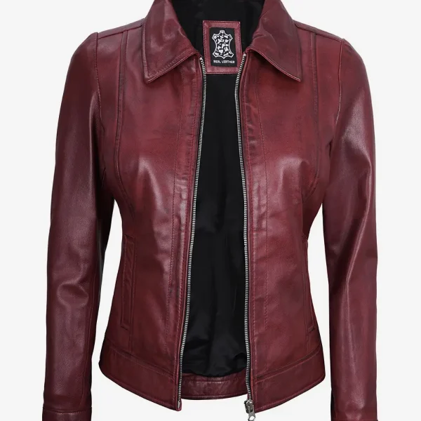 Womens Shirt Collar Burgundy Leather Jacket