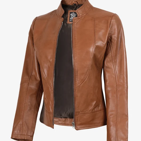 Women's Tan Waxed Slim Fit Biker Leather Jacket