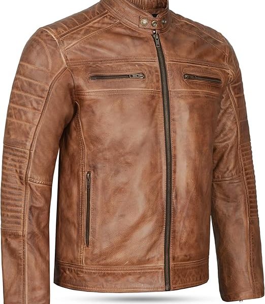 Mens Distressed Tan Brown Genuine Leather Cafe Racer Biker Jacket Retro Style Vintage Jacket