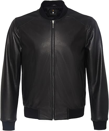 Men's Leather Bomber Jacket - Genuine Lambskin Leather Jacket for Men - Black