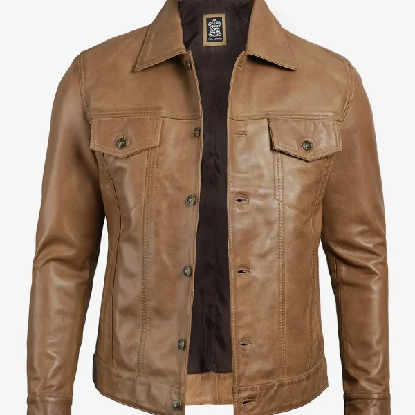 Men's Real Leather Camel Brown Trucker Jacket