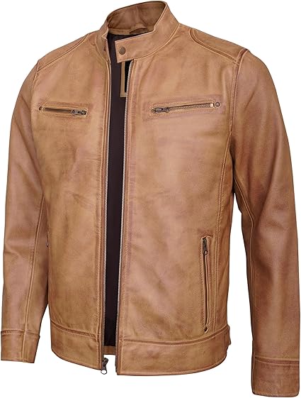 Real Lambskin Leather Jacket Men - Biker Style Stand Collar Zip Up Mens Motorcycle Jackets Outerwear