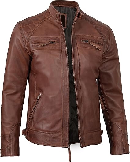 Real Lambskin Mens Leather Jackets - Quilted Cafe Racer Zip Up Moto Style Leather Jacket Men