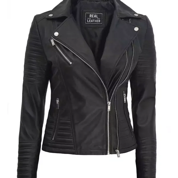 Womens Finest leather Black Asymmetrical Biker Jacket