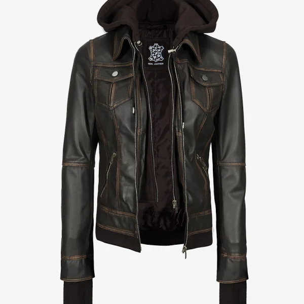 Women's Distressed Brown Bomber Leather Jacket with Removable Hood