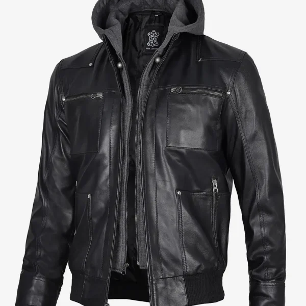 Men's Black Leather Bomber Jacket with Removable Hood