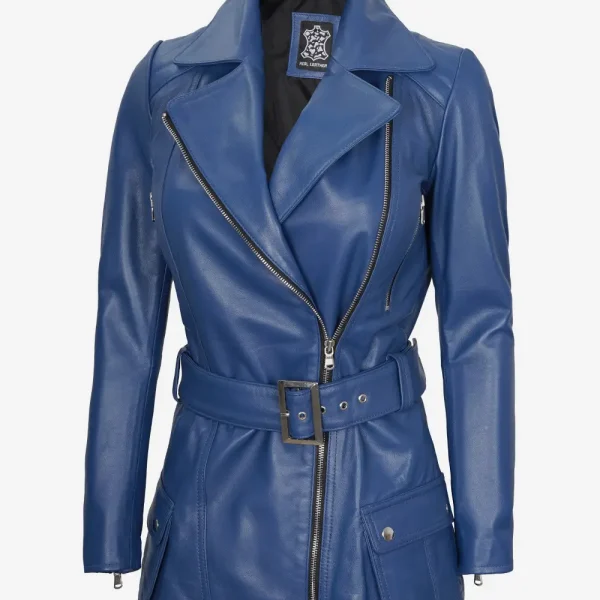 Womens Asymmetrical Blue Belted Moto Leather Jacket