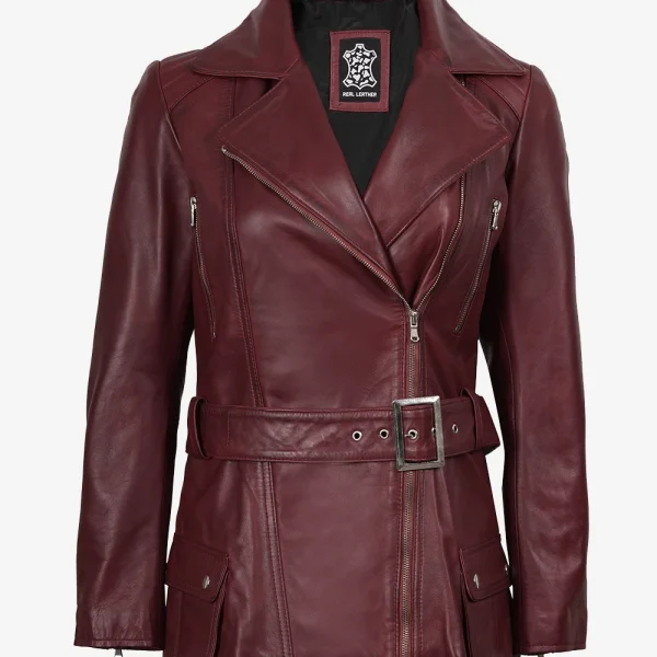 Women's Asymmetrical Maroon Belted Moto Leather Jacket