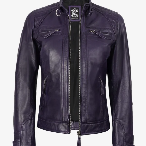 Women's Purple Cafe Racer Leather Jacket - Quilted Shoulder