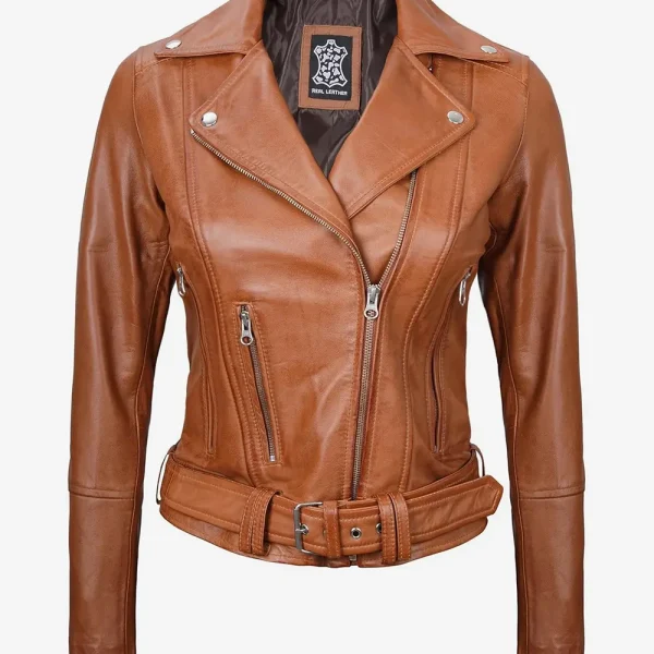 Women's Asymmetrical Belted Brown Leather Jacket