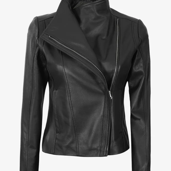 Arezoo Women's Black Real Leather Jacket with Asymmetrical Zip Closure